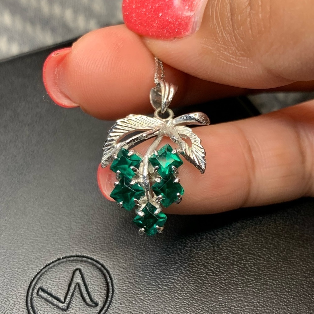 Green Emerald Grape Cluster Silver Necklace